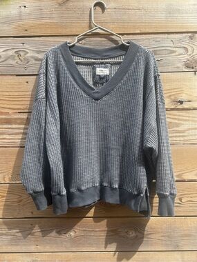 Blue Waffle V-Neck Pullover Sweater